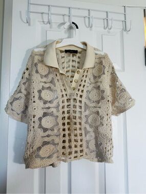 BCX Cream and Taupe Crochet Polo Top